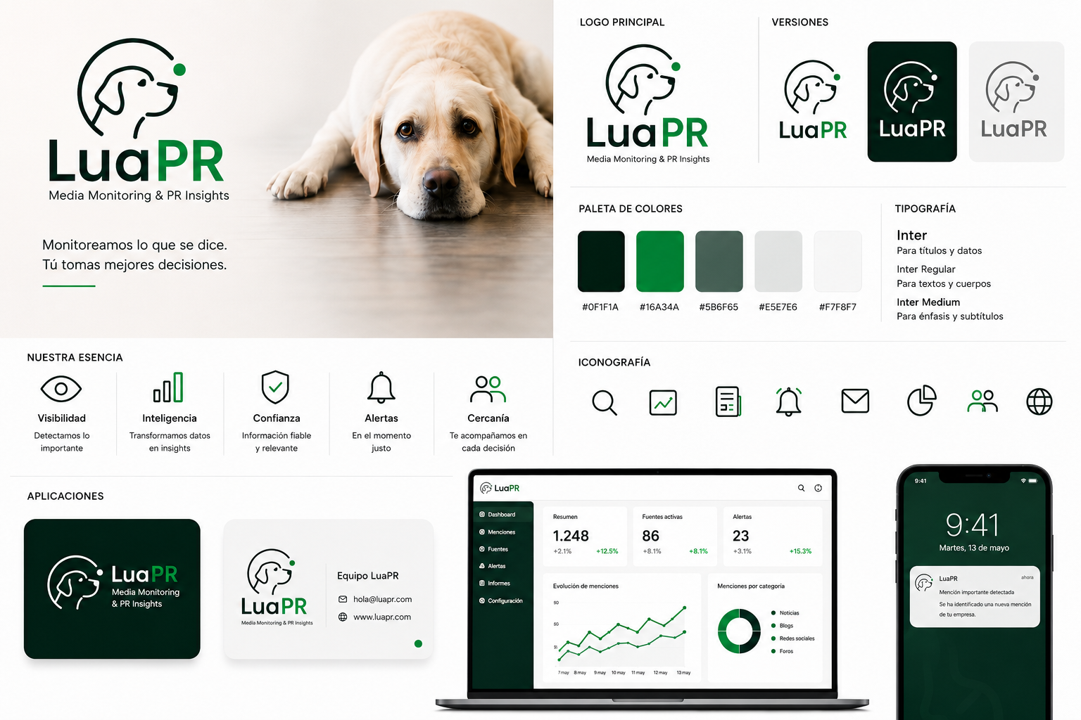 Panel de identidad visual de LuaPR con logo, colores, tipografía e interfaz
